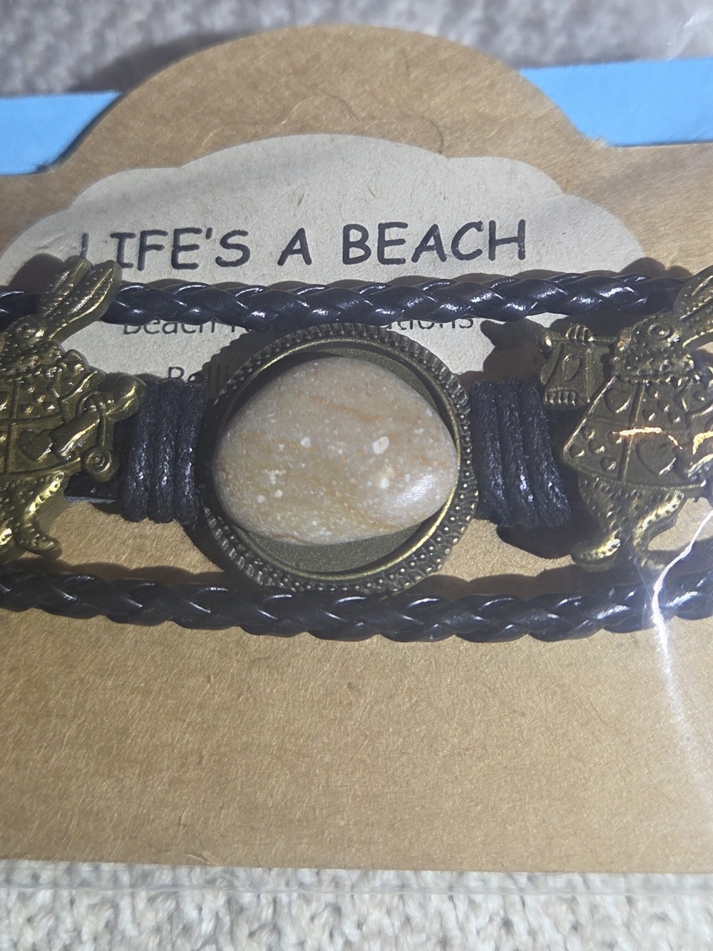 Life's a Beach Yellow Jasper Stone & Braided Leather Look Bracelet - Black